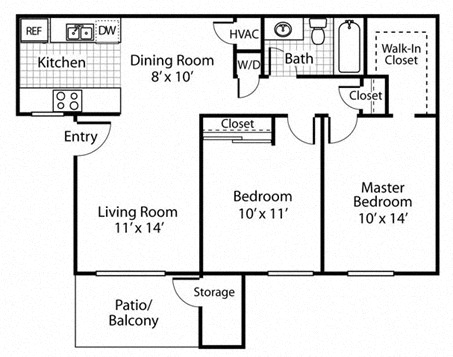 Floor plan for 2 beds, 1 bath, 780 sqft